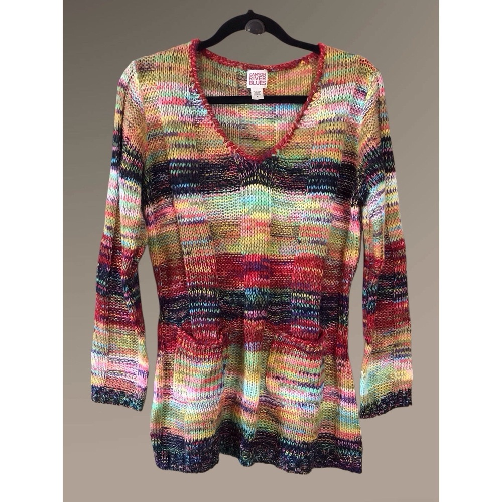 VTG Y2K Rainbow Striped Tunic Sweater Canyon River Blues Sz XL Long Sleeve NWOT